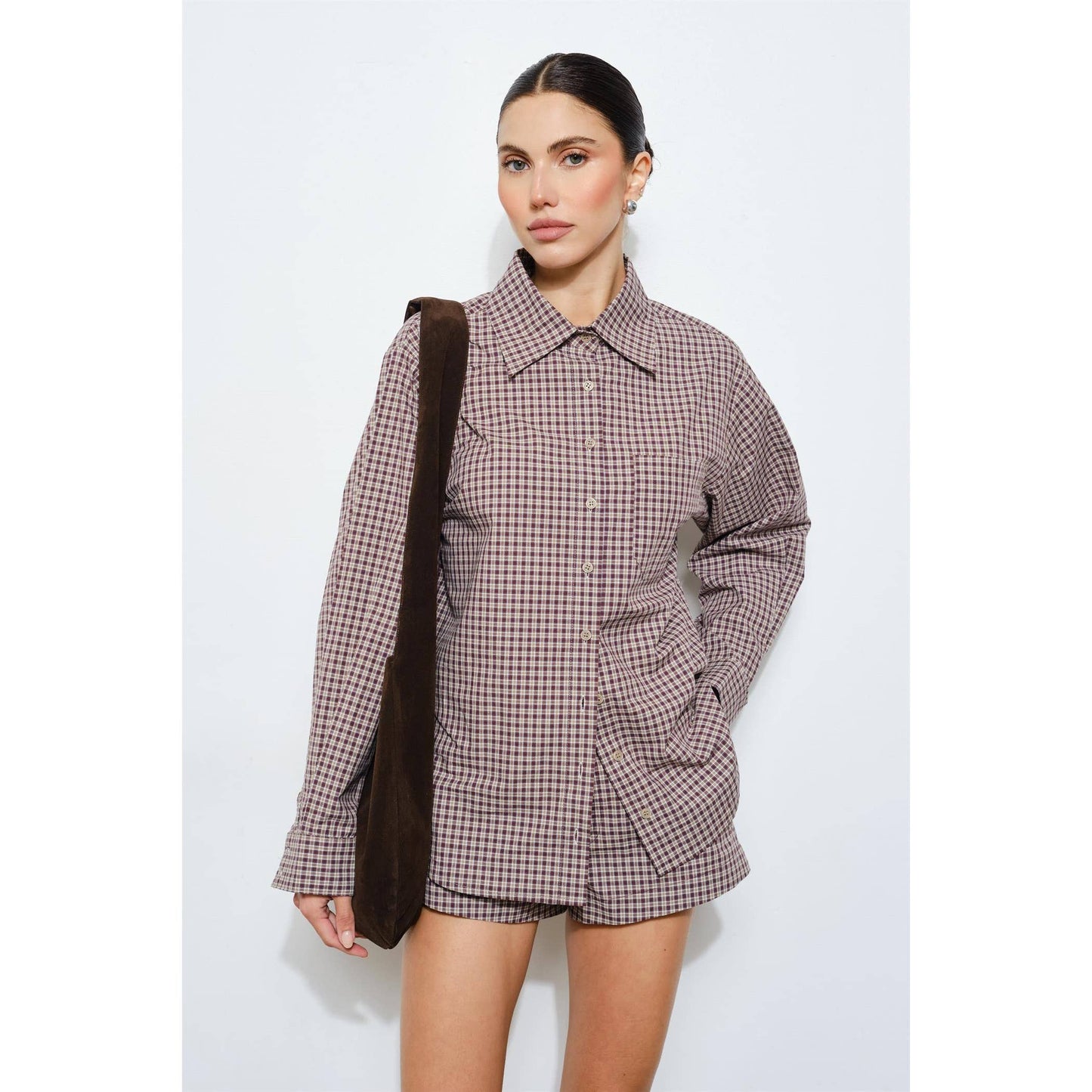 Brown plaid women's shirt jacket, button-up front, relaxed fit, perfect for casual outings.