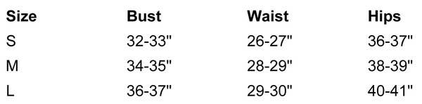 Size chart for women's clothing: S, M, L with bust, waist, and hip measurements for accurate fitting.