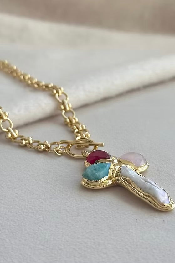 Multi-Stone Cross Loop Necklace