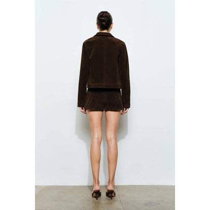 Back view of a brown suede jacket and shorts set, ideal for stylish casual outfits.