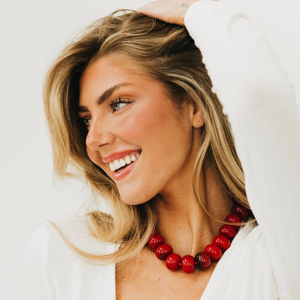 Lola Beaded Necklace - Red & Amber