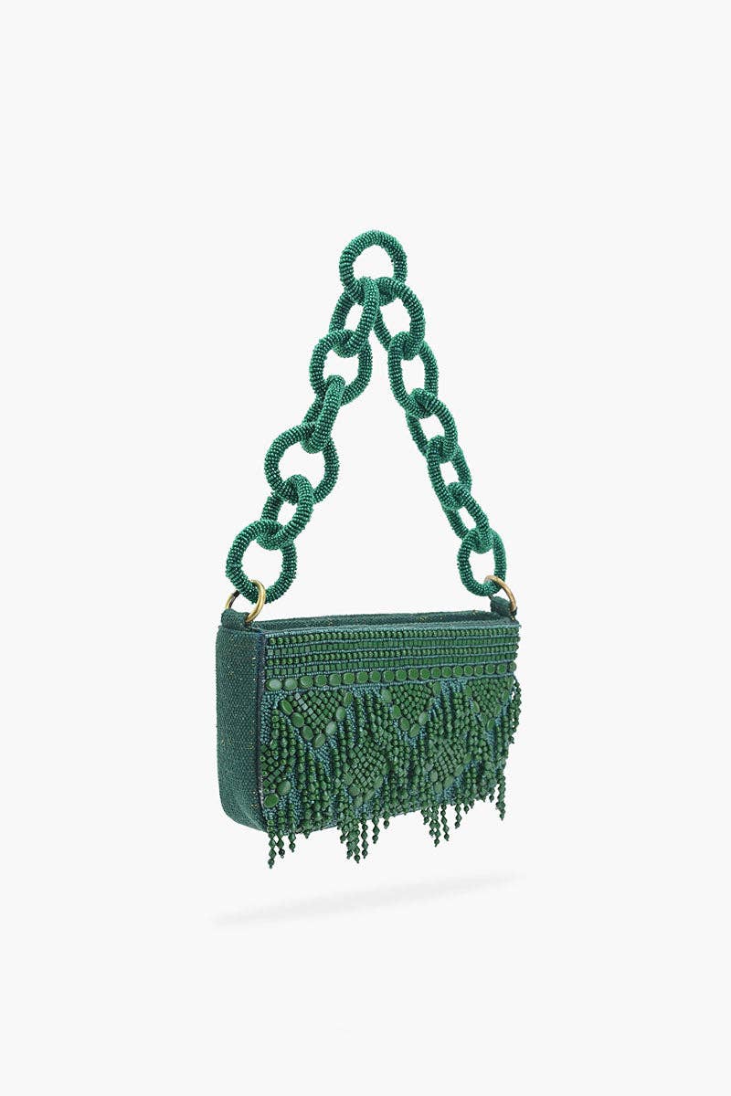 Green beaded handbag with chain handle on a white background