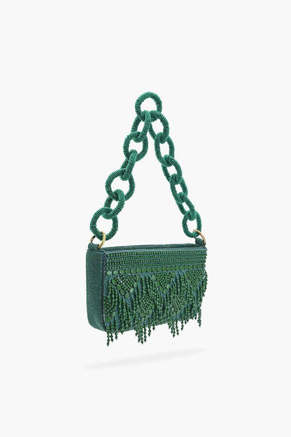 Green beaded handbag with chain handle on a white background