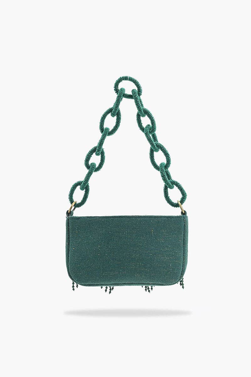 Green handbag with chain handle on a white background