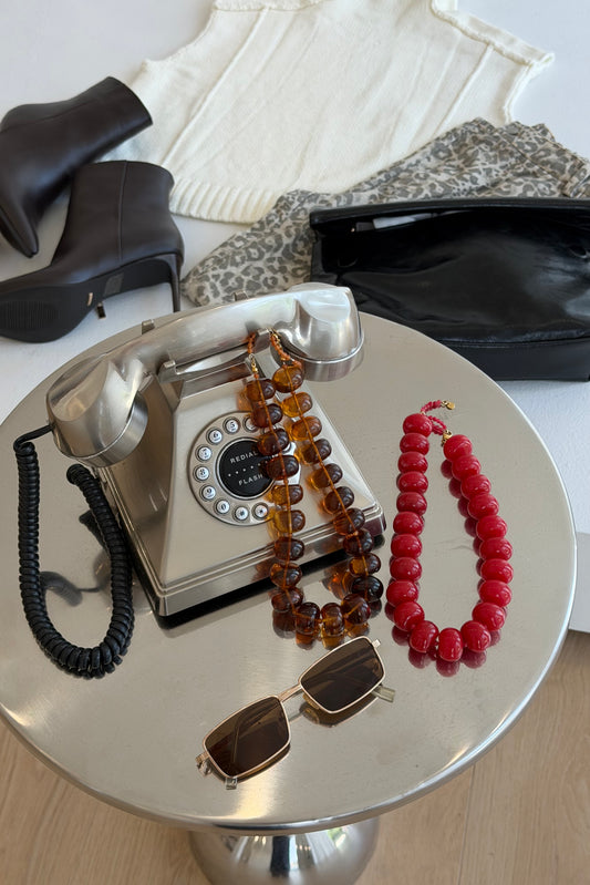 Lola Beaded Necklace - Red & Amber