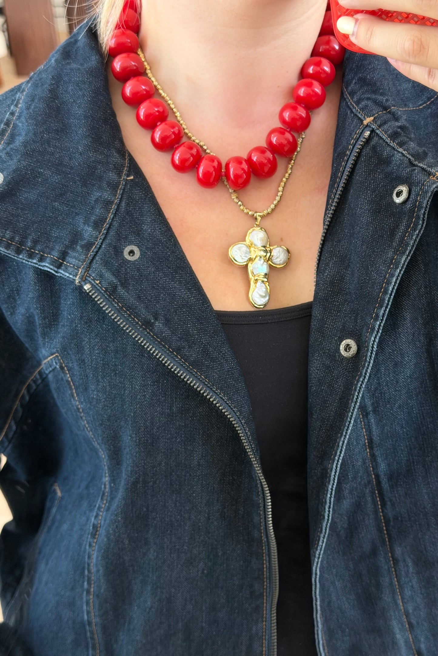 Lola Beaded Necklace - Red & Amber