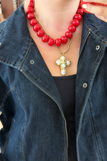 Lola Beaded Necklace - Red & Amber