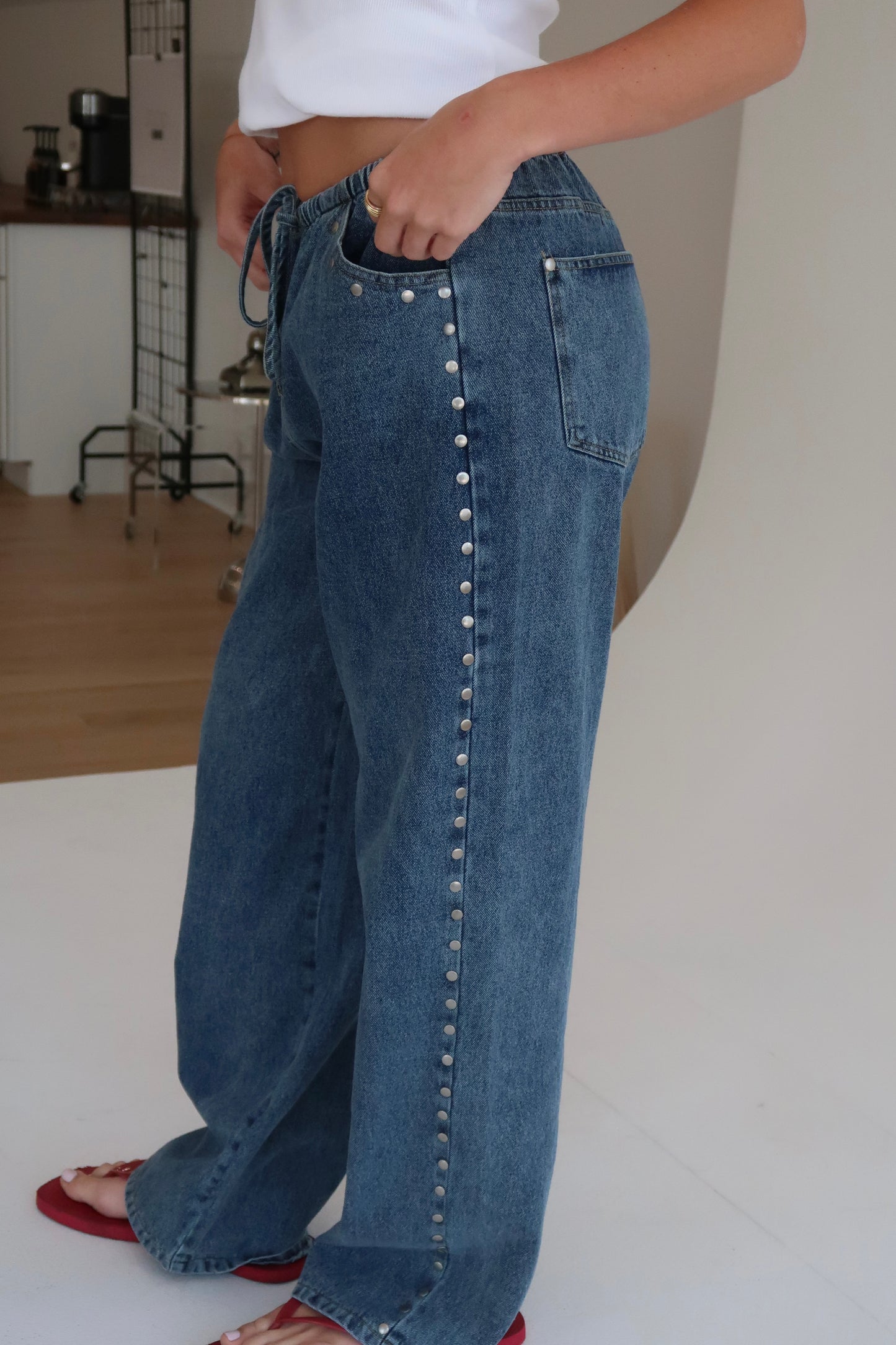 Studded Drawstring Jean - Blue