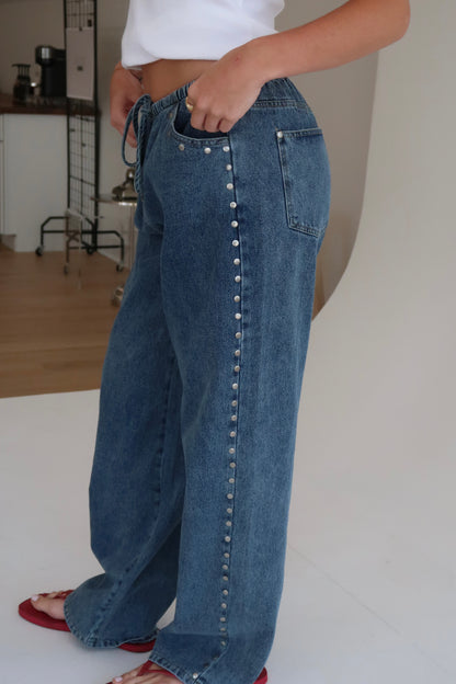 Studded Drawstring Jean - Blue