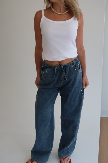 Studded Drawstring Jean - Blue