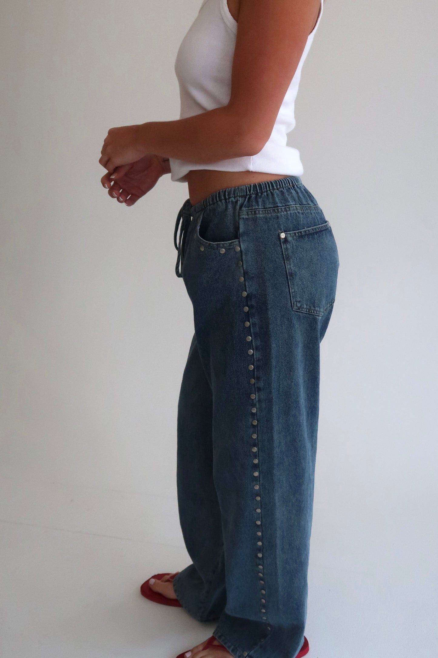 Studded Drawstring Jean - Blue