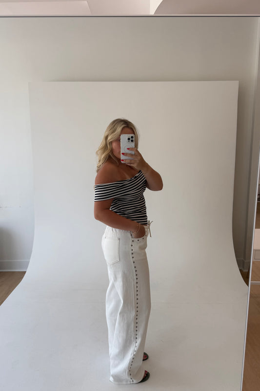 Studded Drawstring Jean - White