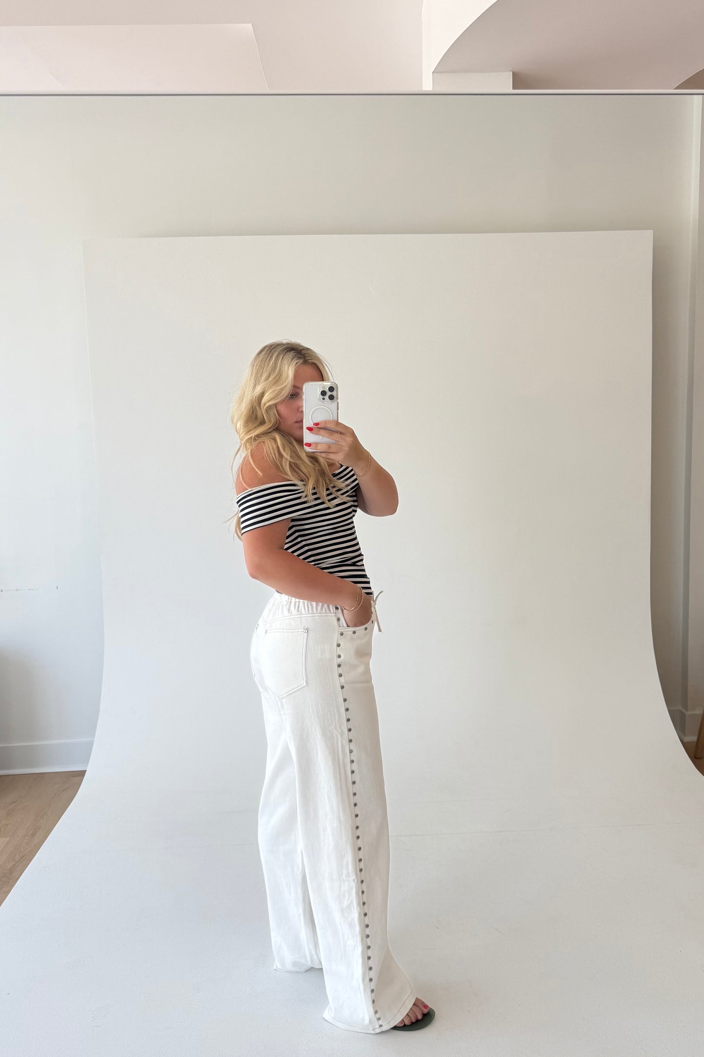 Studded Drawstring Jean - White