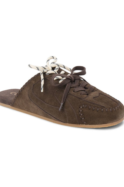 Brown suede slip-on shoes with lace-up detail and stitched design, perfect for casual wear.