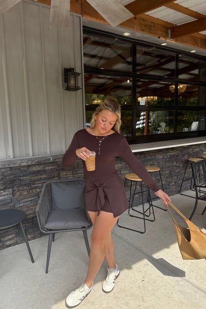 Long Sleeve Wrap Dress - Brown