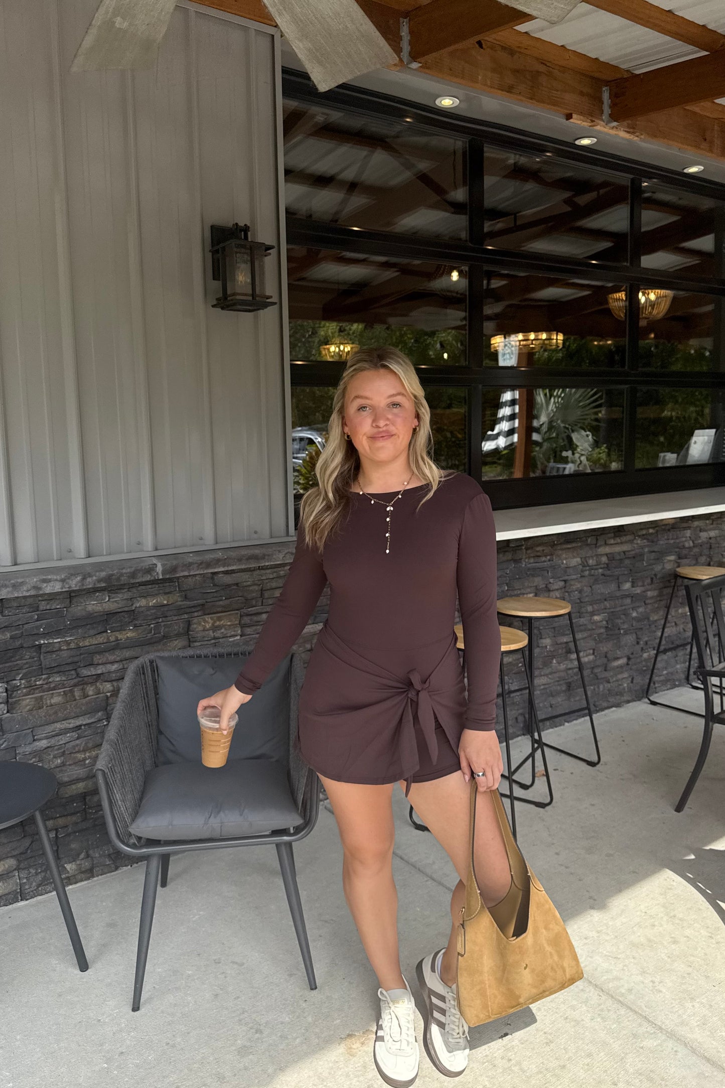 Long Sleeve Wrap Dress - Brown