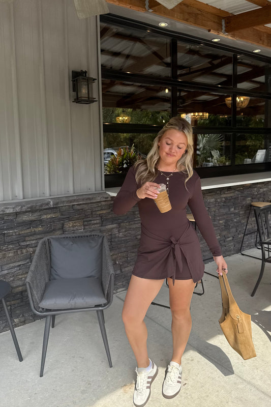 Long Sleeve Wrap Dress - Brown