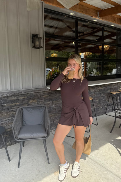 Long Sleeve Wrap Dress - Brown