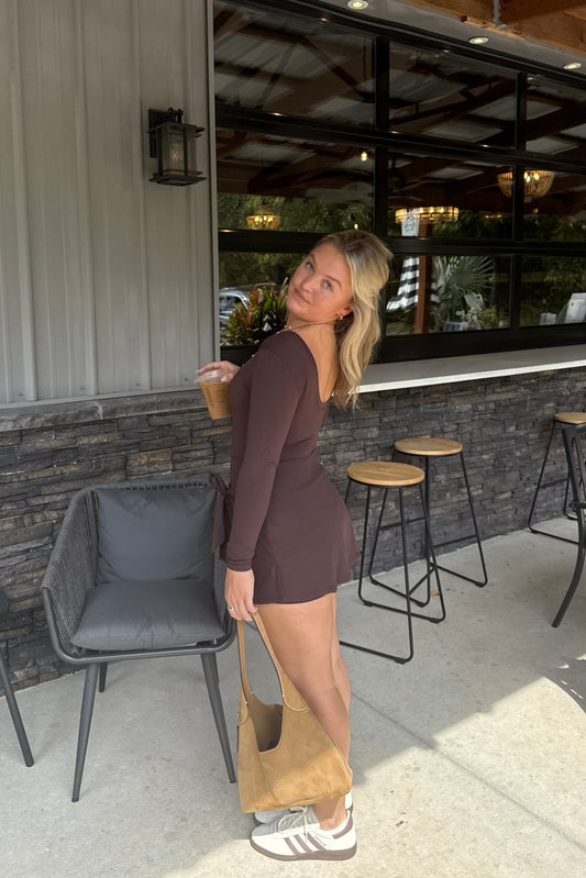 Long Sleeve Wrap Dress - Brown