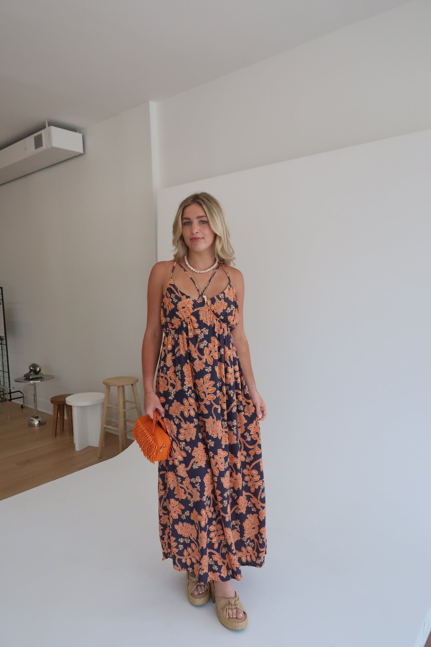 Paloma Maxi Dress - Navy/Orange