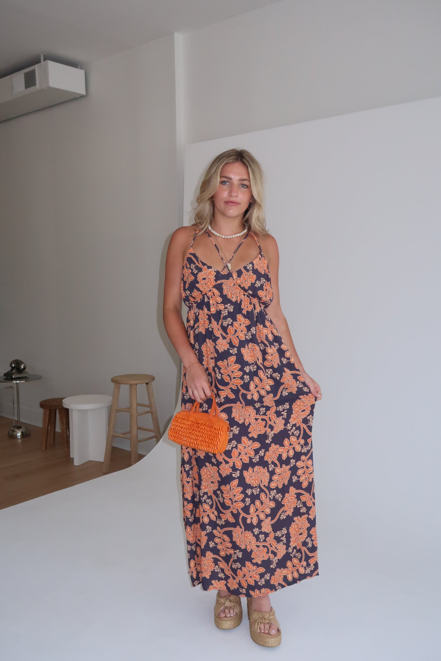 Paloma Maxi Dress - Navy/Orange
