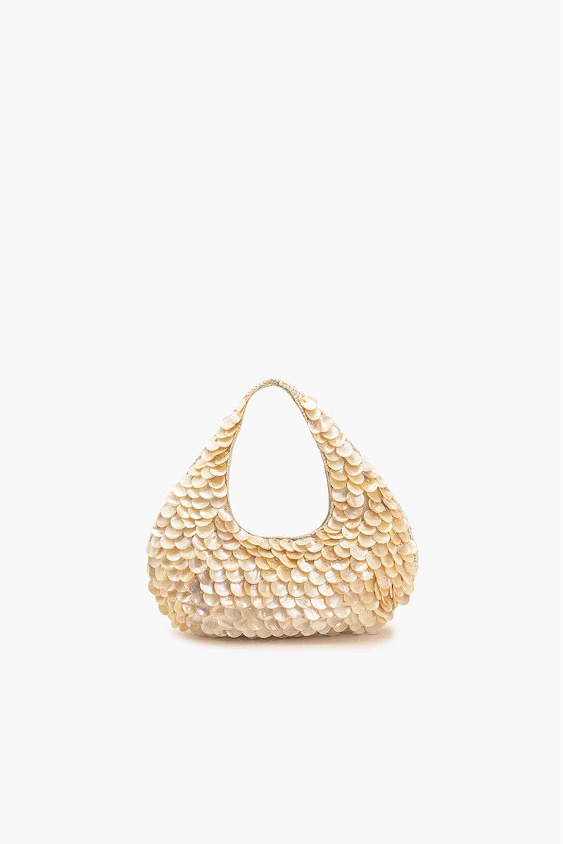 Gold woven handbag on a white background