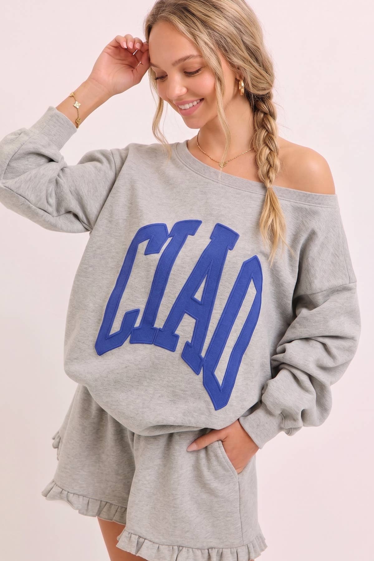 Ciao Off-Shoulder Sweatshirt: Blue