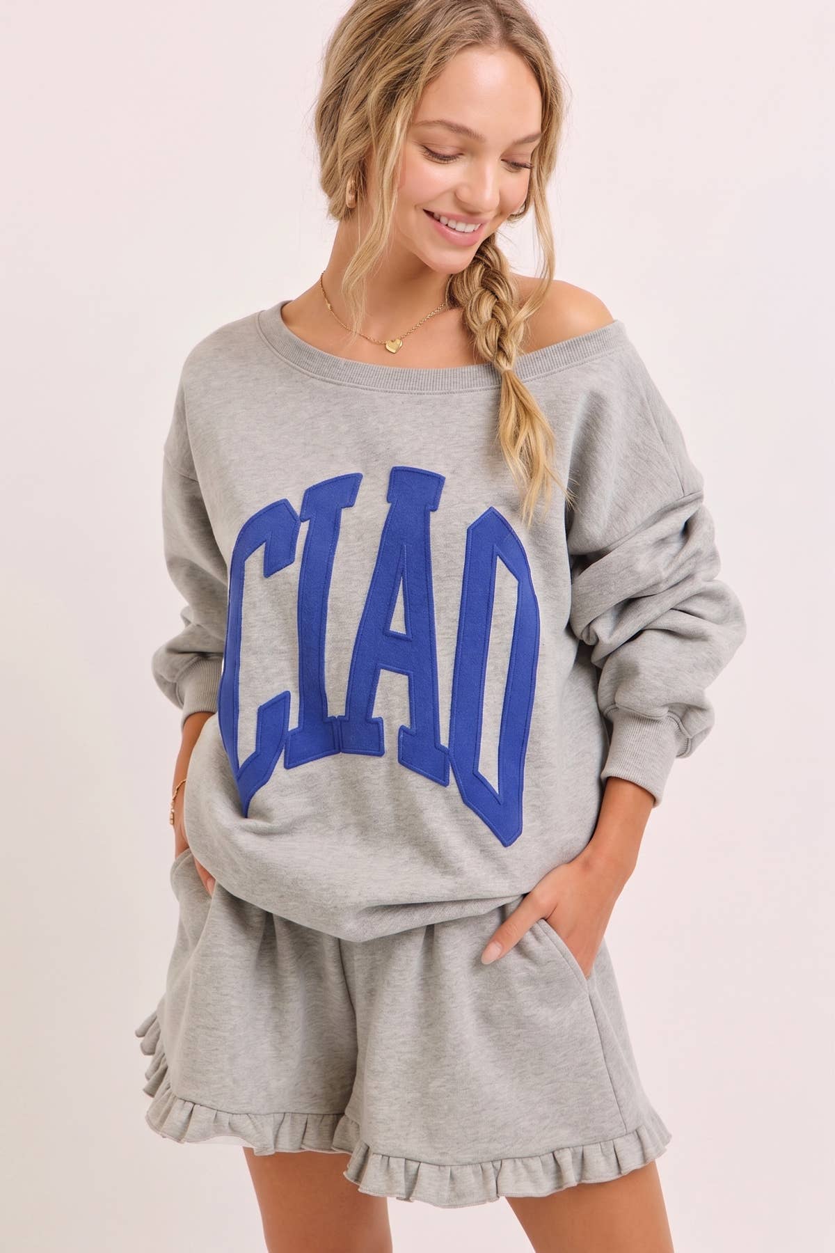 Ciao Off-Shoulder Sweatshirt: Blue
