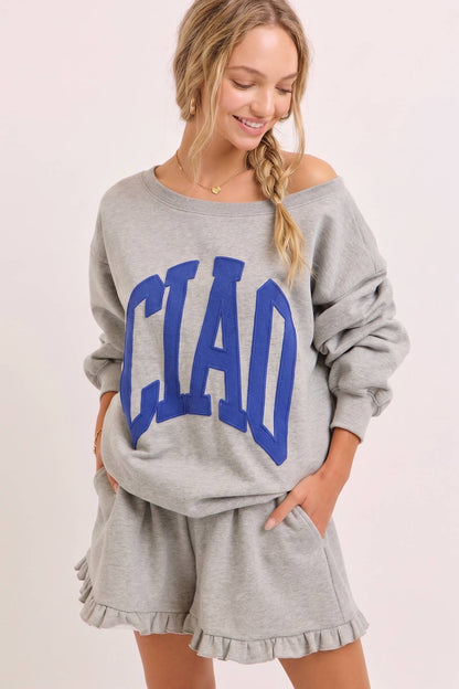 Ciao Off-Shoulder Sweatshirt: Blue