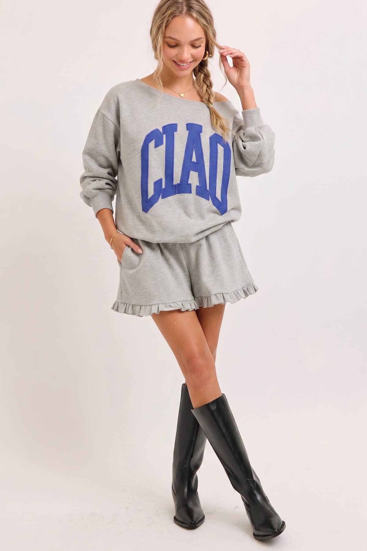 Ciao Off-Shoulder Sweatshirt: Blue