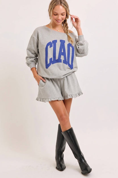Ciao Off-Shoulder Sweatshirt: Blue